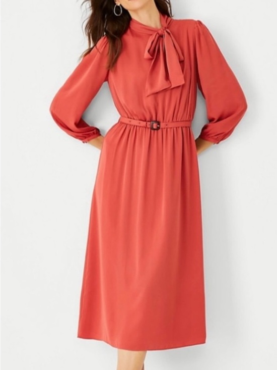 Ann Taylor Dresses & Skirts - Ann Taylor Rust Red Long-Sleeve Midi Dress with Waist Tie